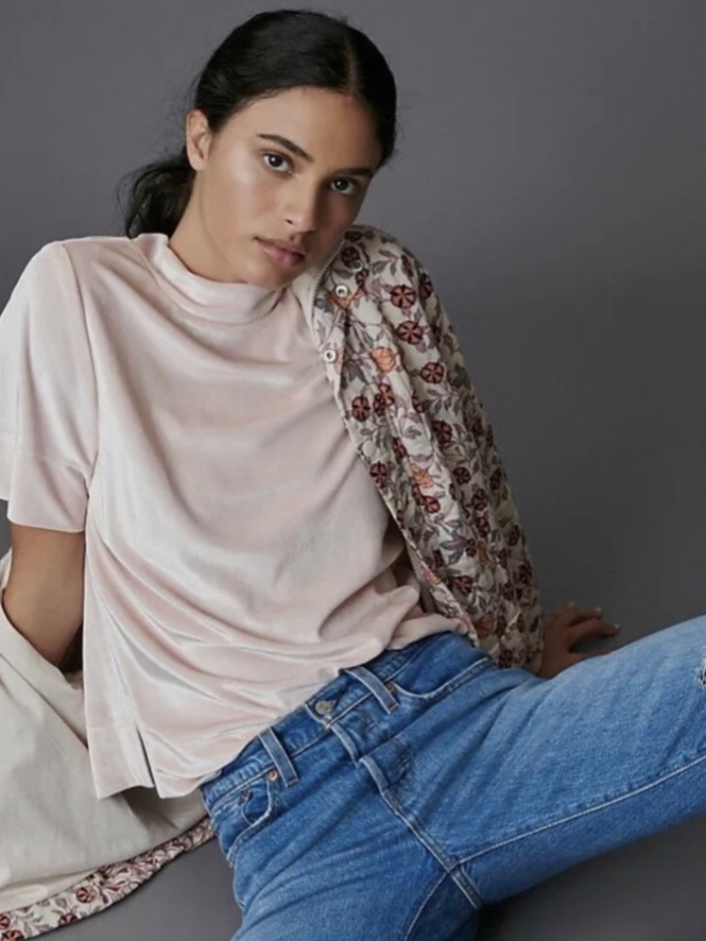 Anthropologie Krisha Light Pink Velour Velvet Mock Neck T Shirt NWOT SZ S
